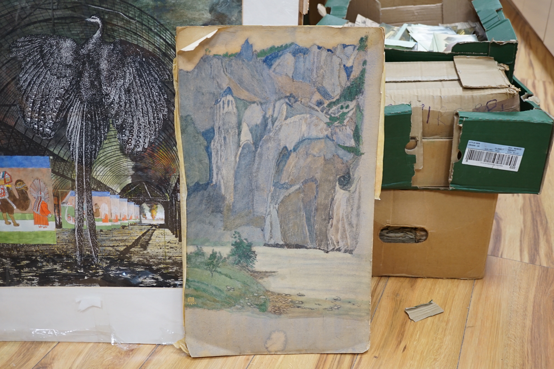 Early 20th Century English School, pencil and watercolour, A river gorge, monogrammed and dated 1923, 52 x 30cm, and Gerald Leet (Illustrator, 1913-1998), mixed media, 'Phoenix', 49 x 52cm, both unframed